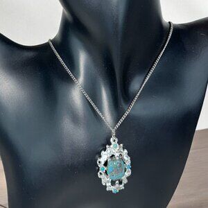 Silver Tone Necklace Chain with Pendant Royston Turquoise Centre and Beads